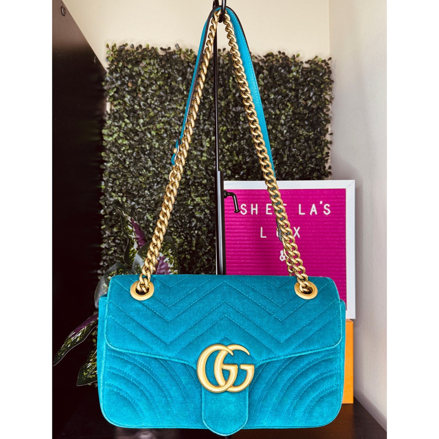 Gucci GG Marmont Turquoise Small Velvet Chain Shoulder Bag