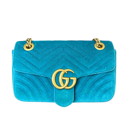 Gucci GG Marmont Turquoise Small Velvet Chain Shoulder Bag